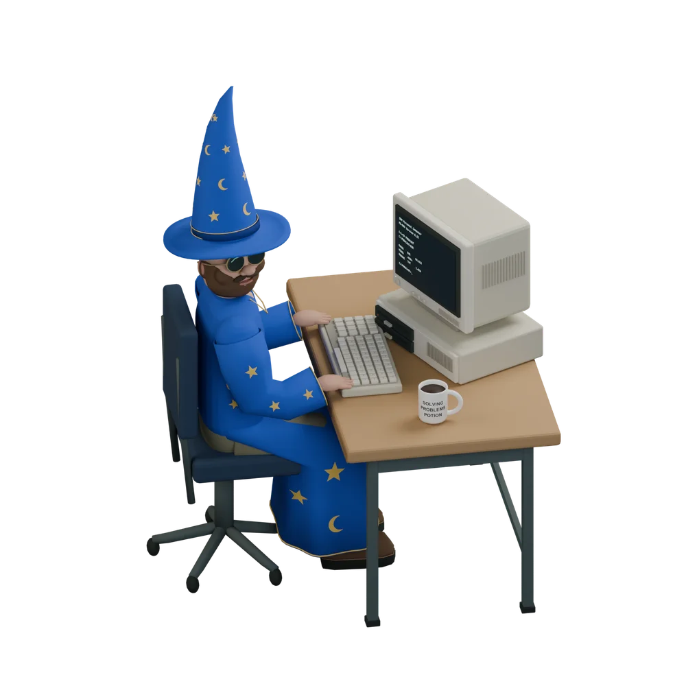 Ryan as a blue-robed wizard seated at an IBM computer