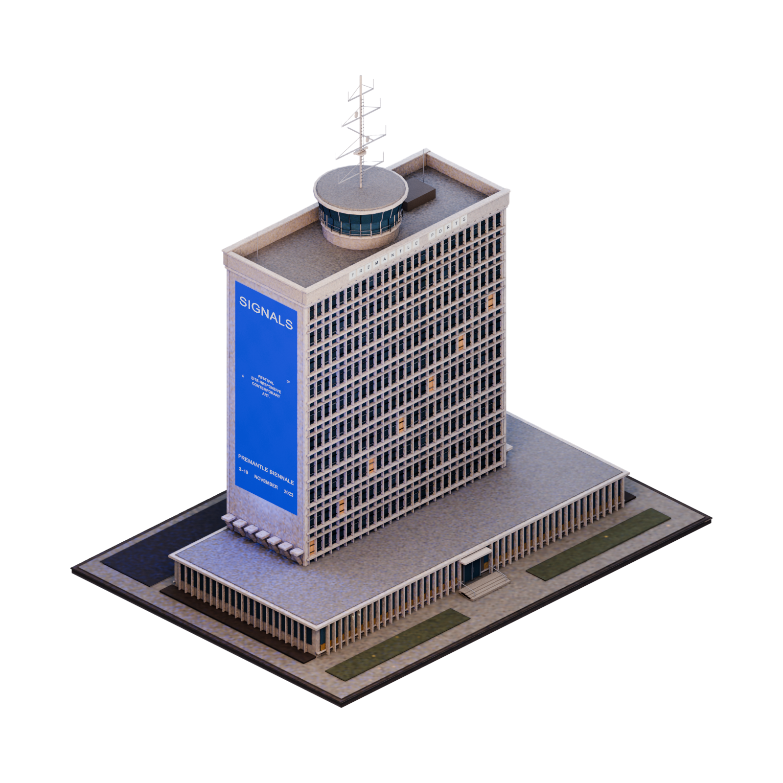 Fremantle Ports building with a blue Signals banner
