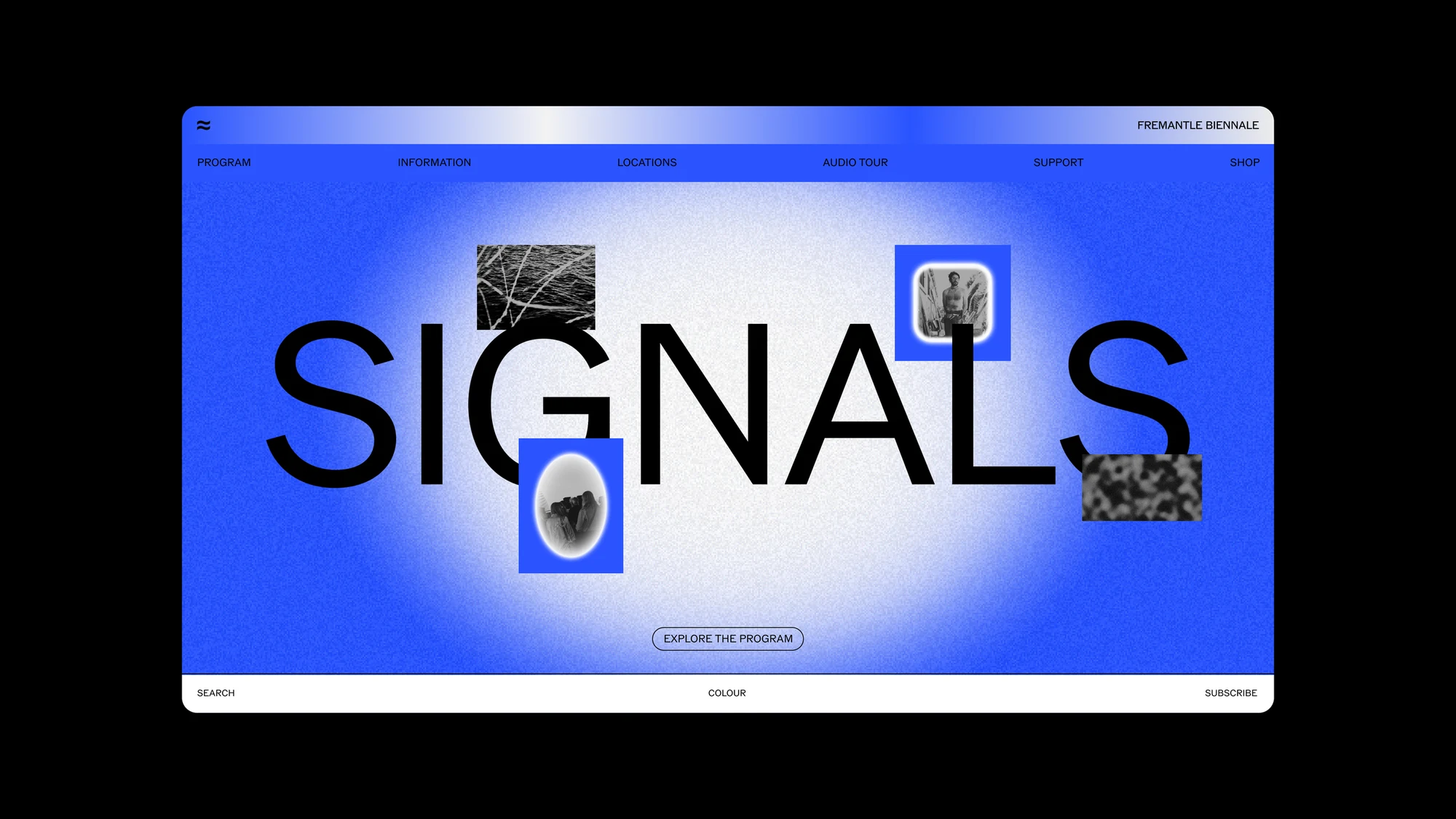 Signals festival website: blue light-led homepage and digital identity