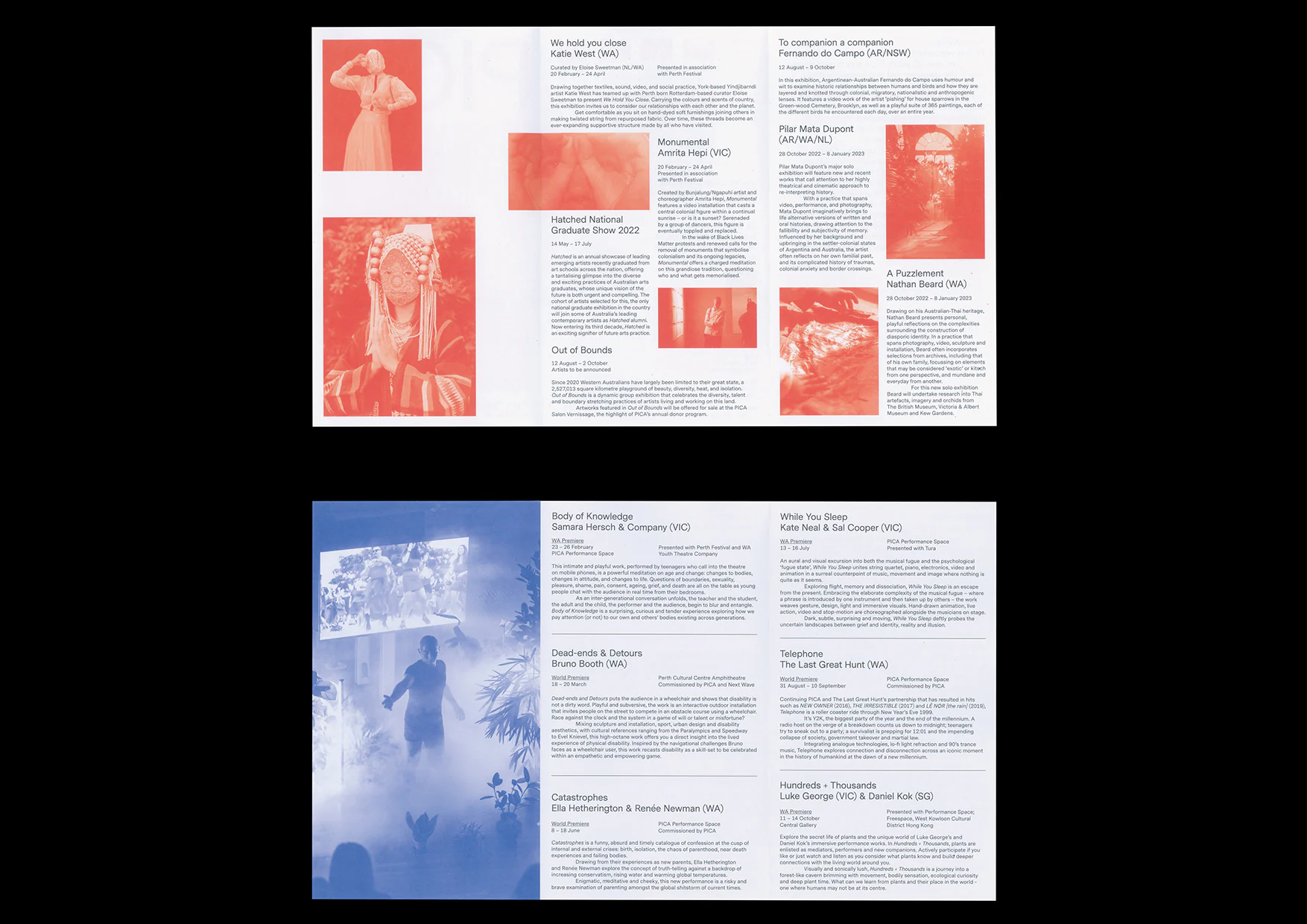 PICA programme spreads pairing exhibition and performance information with artist imagery