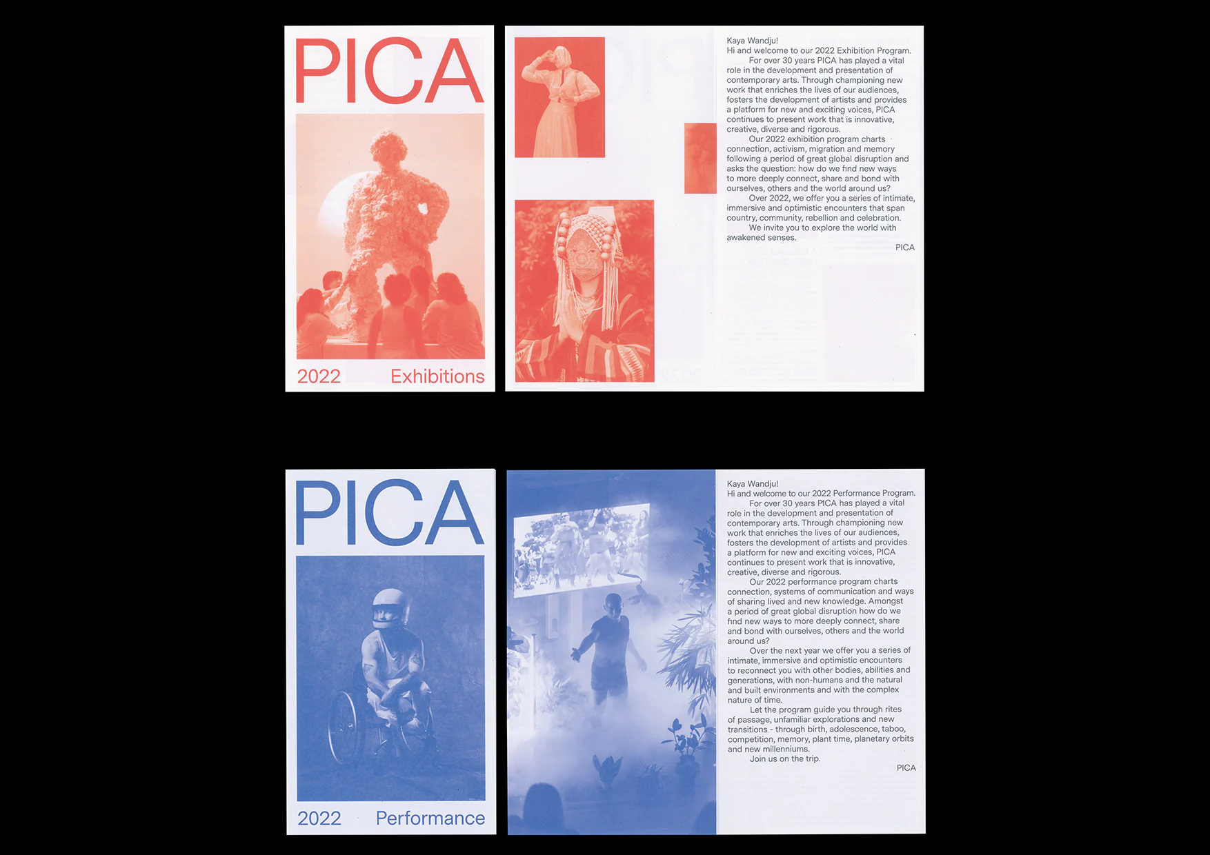 PICA exhibition and performance programmes with red and blue photographic treatments