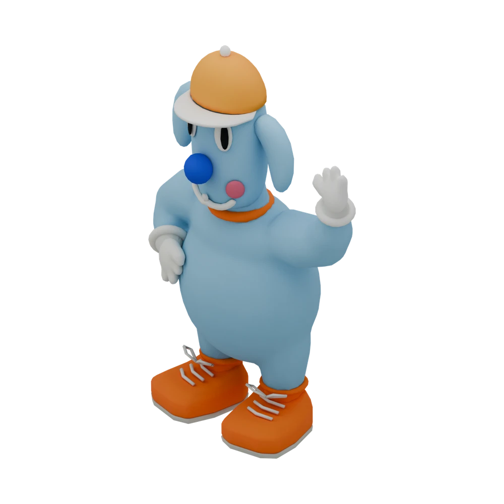 Sports Dreams blue dog mascot with an orange cap and shoes