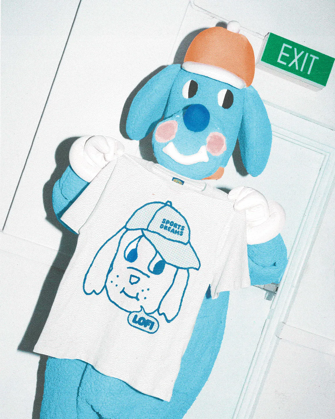 Sports Dreams and Lo-Fi blue mascot T-shirt with the character artwork