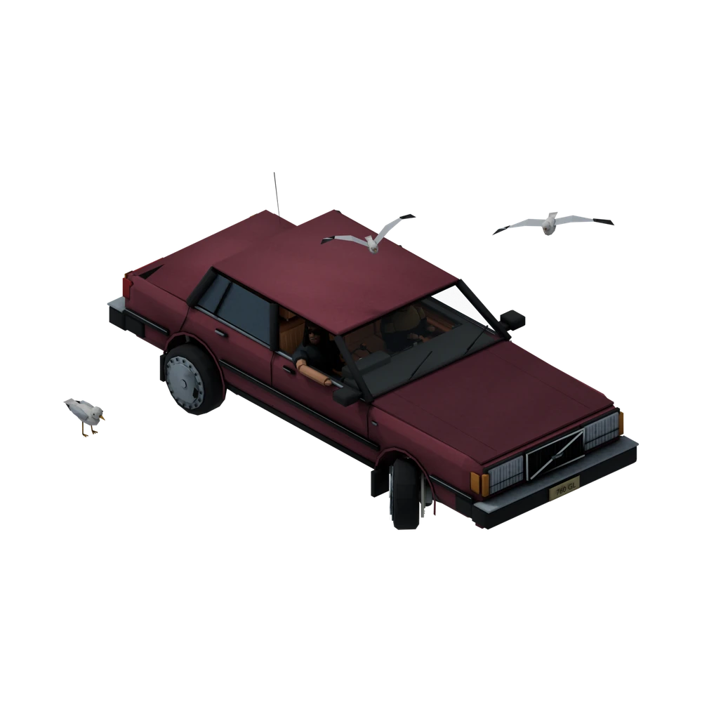 Maroon Summer Nights Volvo 760 with passengers and seagulls