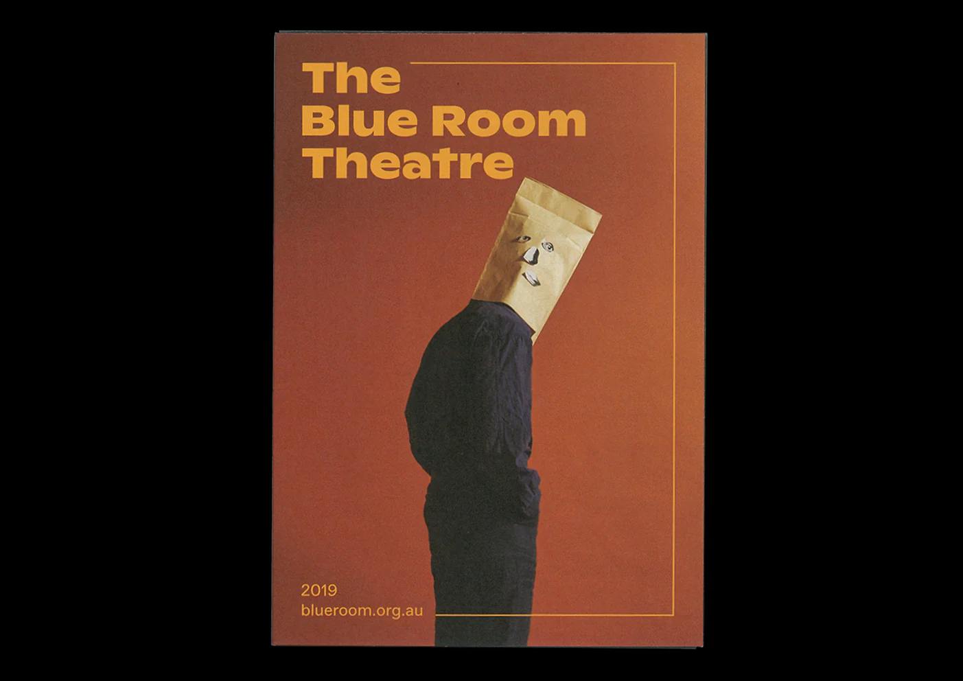 Orange 2019 season programme cover with a playful paper-bag portrait