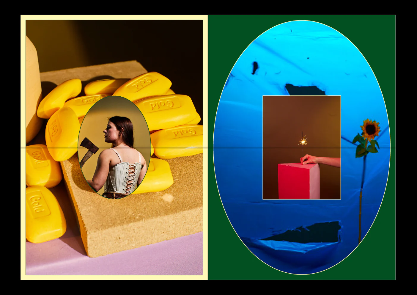 Colourful season art direction combining performers, sculptural props, photographic collage and vivid yellow and blue sets