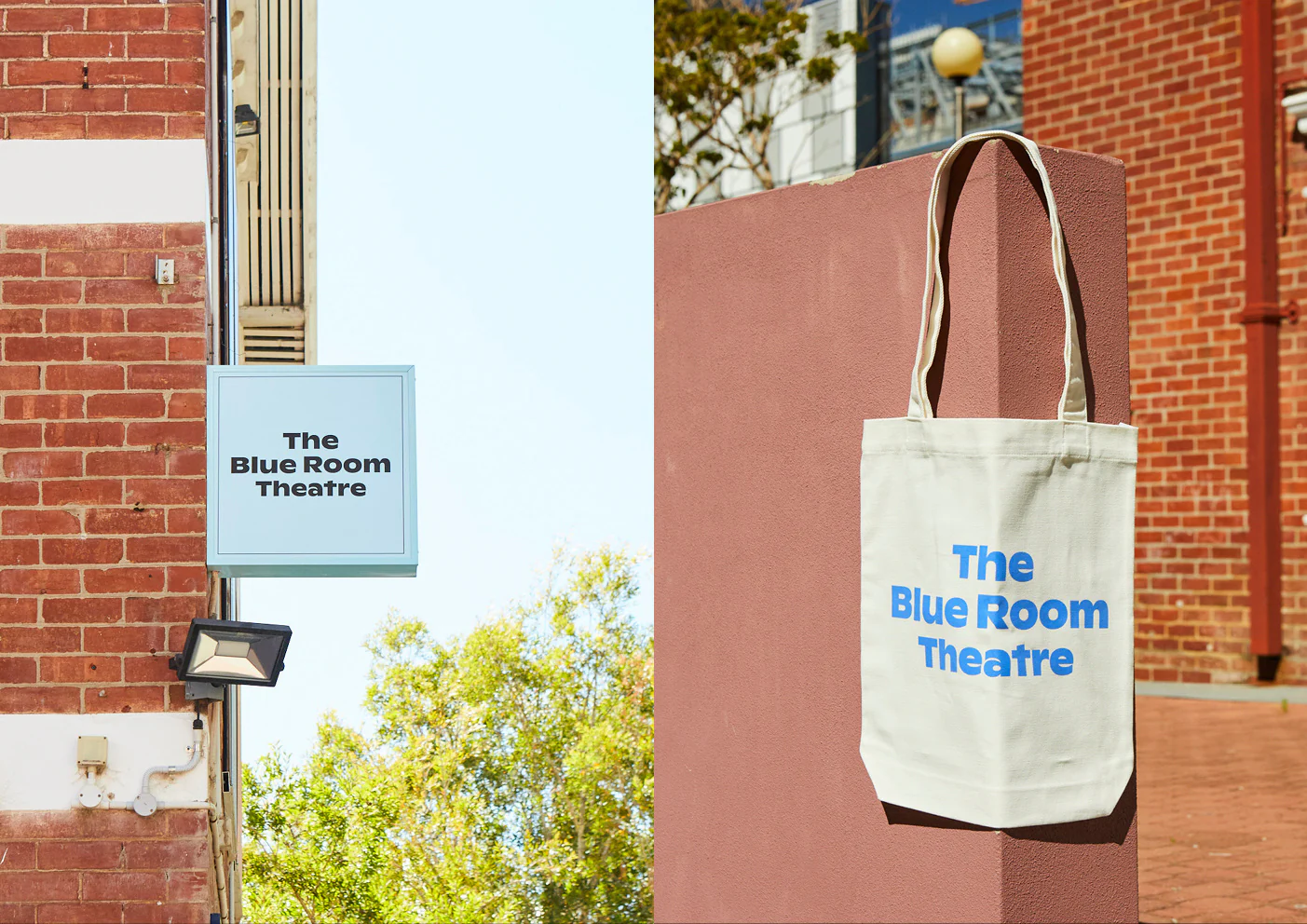 The Blue Room Theatre identity applied to a venue sign and a printed canvas tote bag
