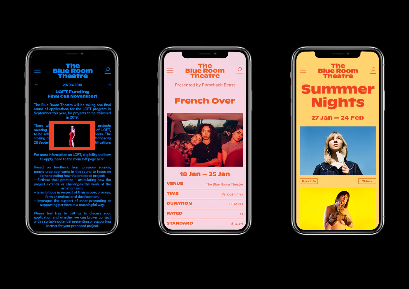 Three mobile newsletter layouts connecting The Blue Room Theatre identity with programme news and artist photography