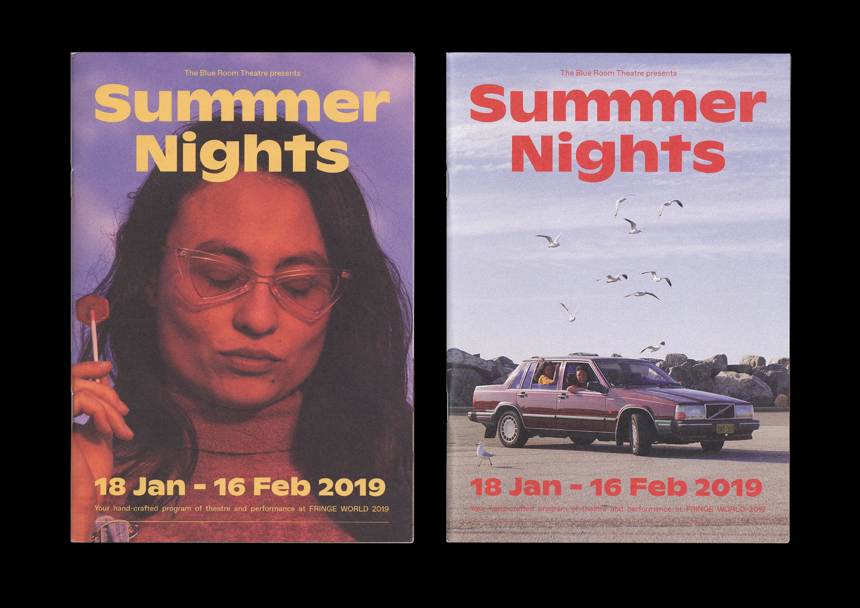 Summer Nights 2019 brochure covers featuring a maroon Volvo by the beach with seagulls