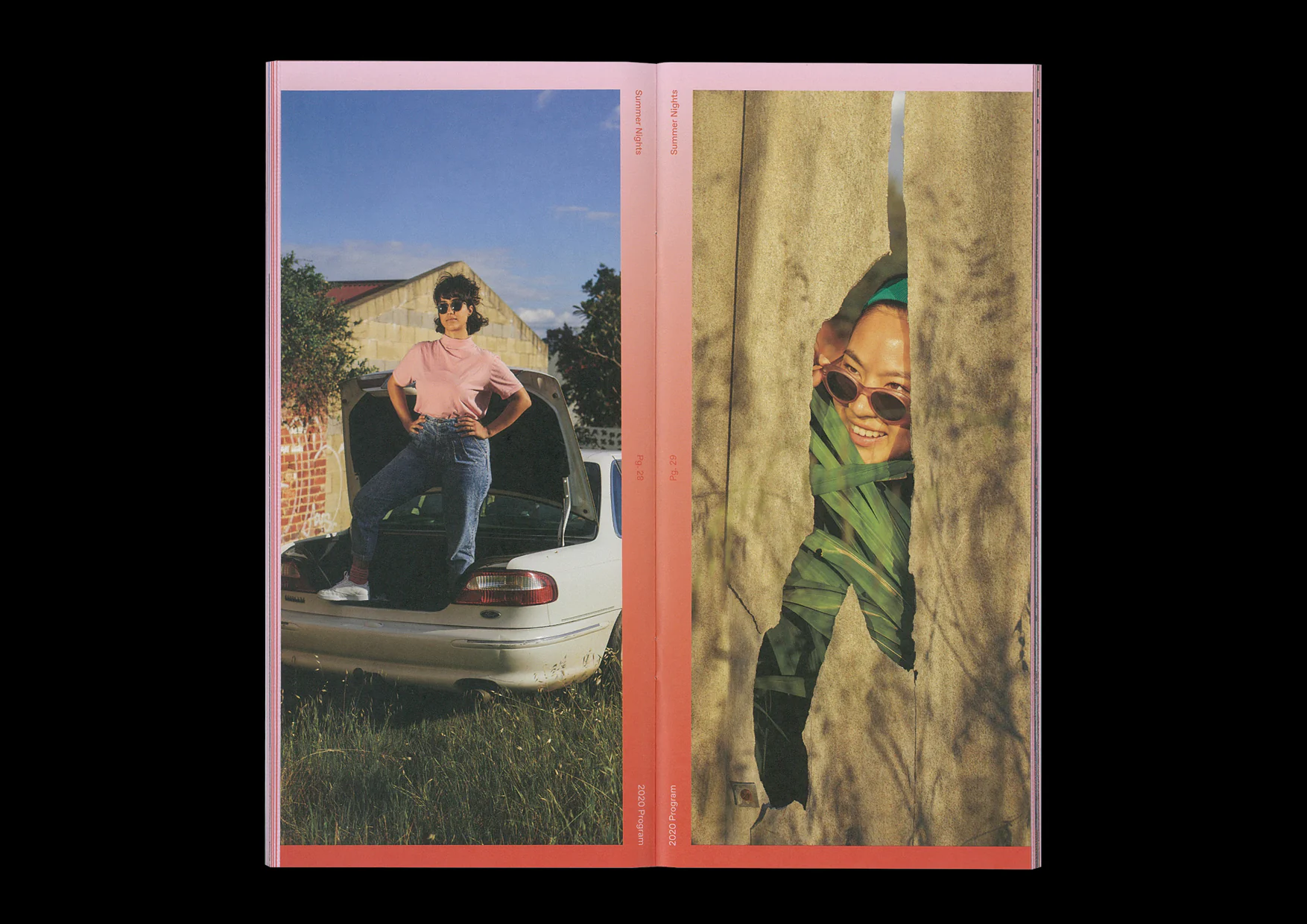 Summer Nights photographic spread with a performer standing in a car boot and another peering around a corrugated wall