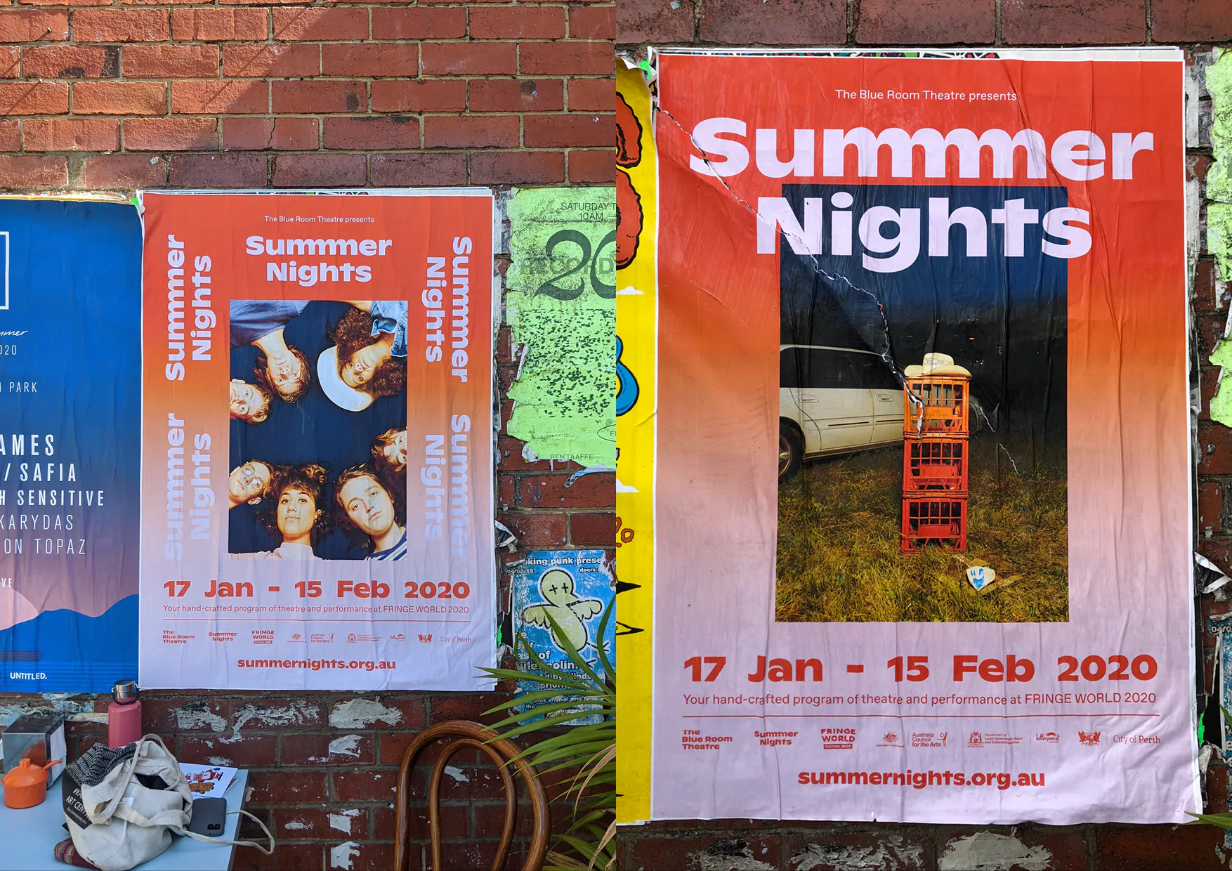 Summer Nights 2020 street posters pairing character-led photography with red and pink campaign typography