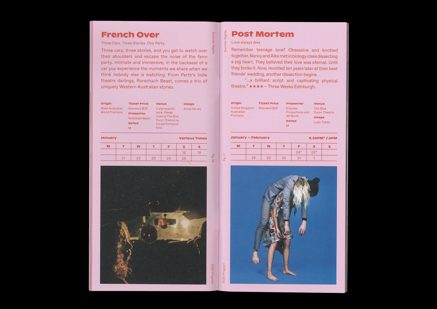 Summer Nights programme spread for French Over and Post-Mortem, combining show photography and performance information