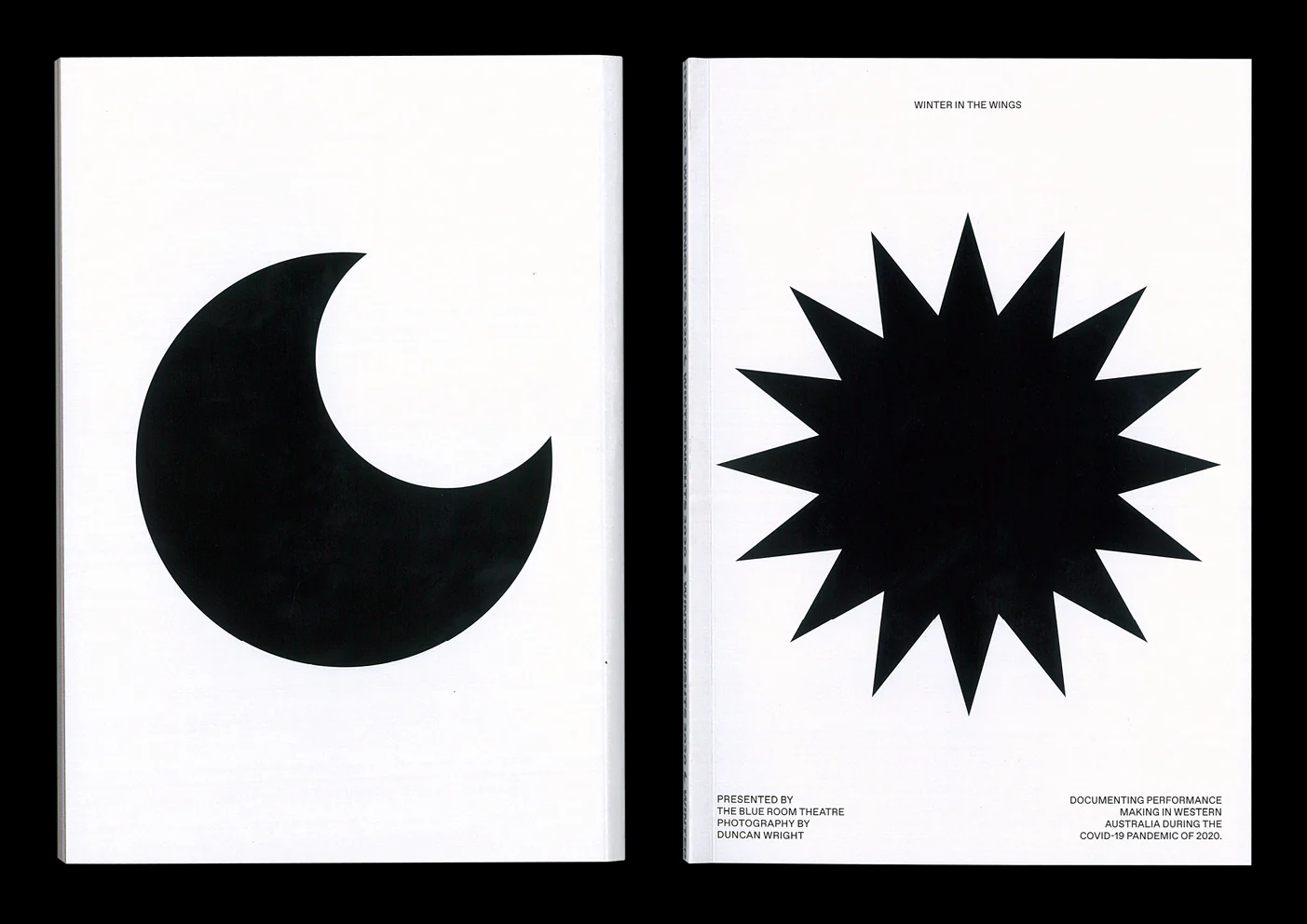 Winter in the Wings opening spread with oversized black moon and starburst graphics