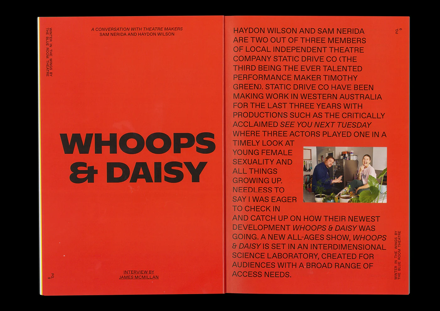 Red Whoops and Daisy publication spread combining artists’ words, drawings and home photography