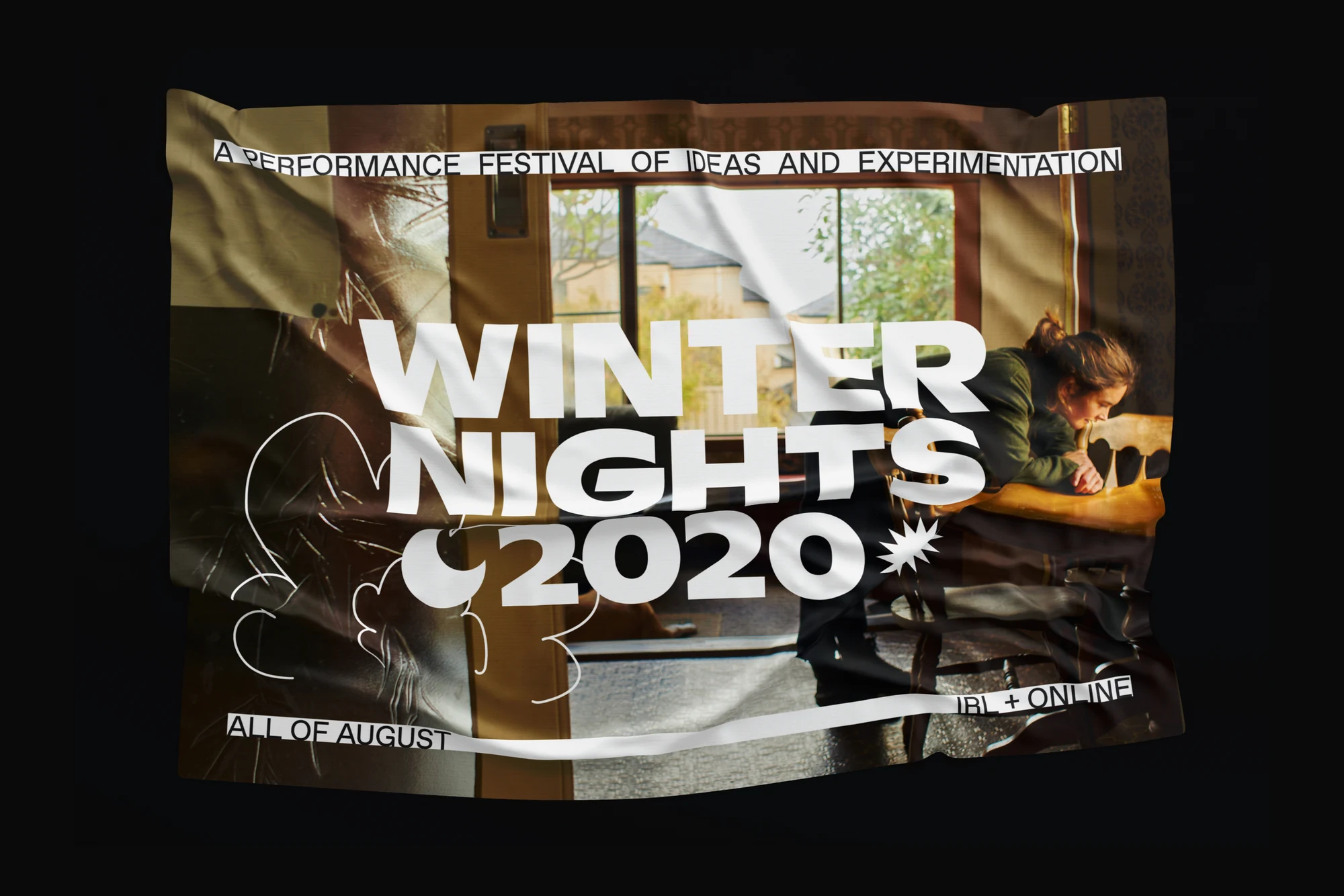 Winter Nights campaign poster combining a dancer at home with bold white typography and drawn forms