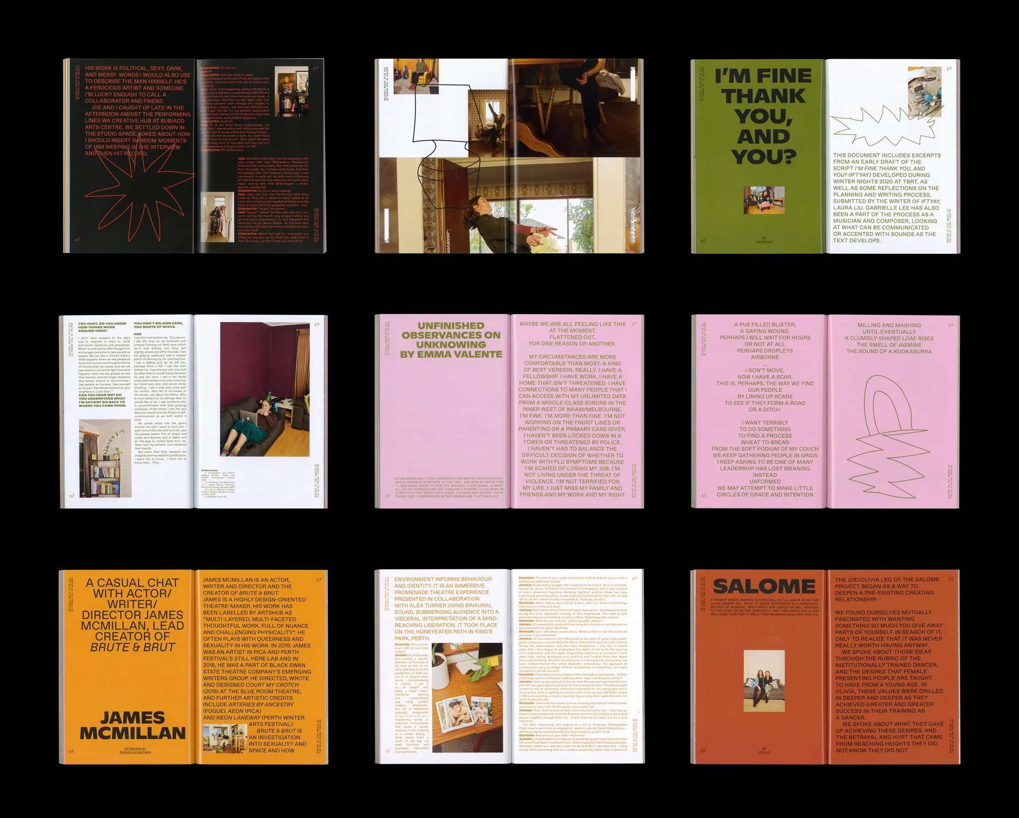 Further Winter in the Wings spreads with artists at home, essays, scripts and experimental graphic treatments