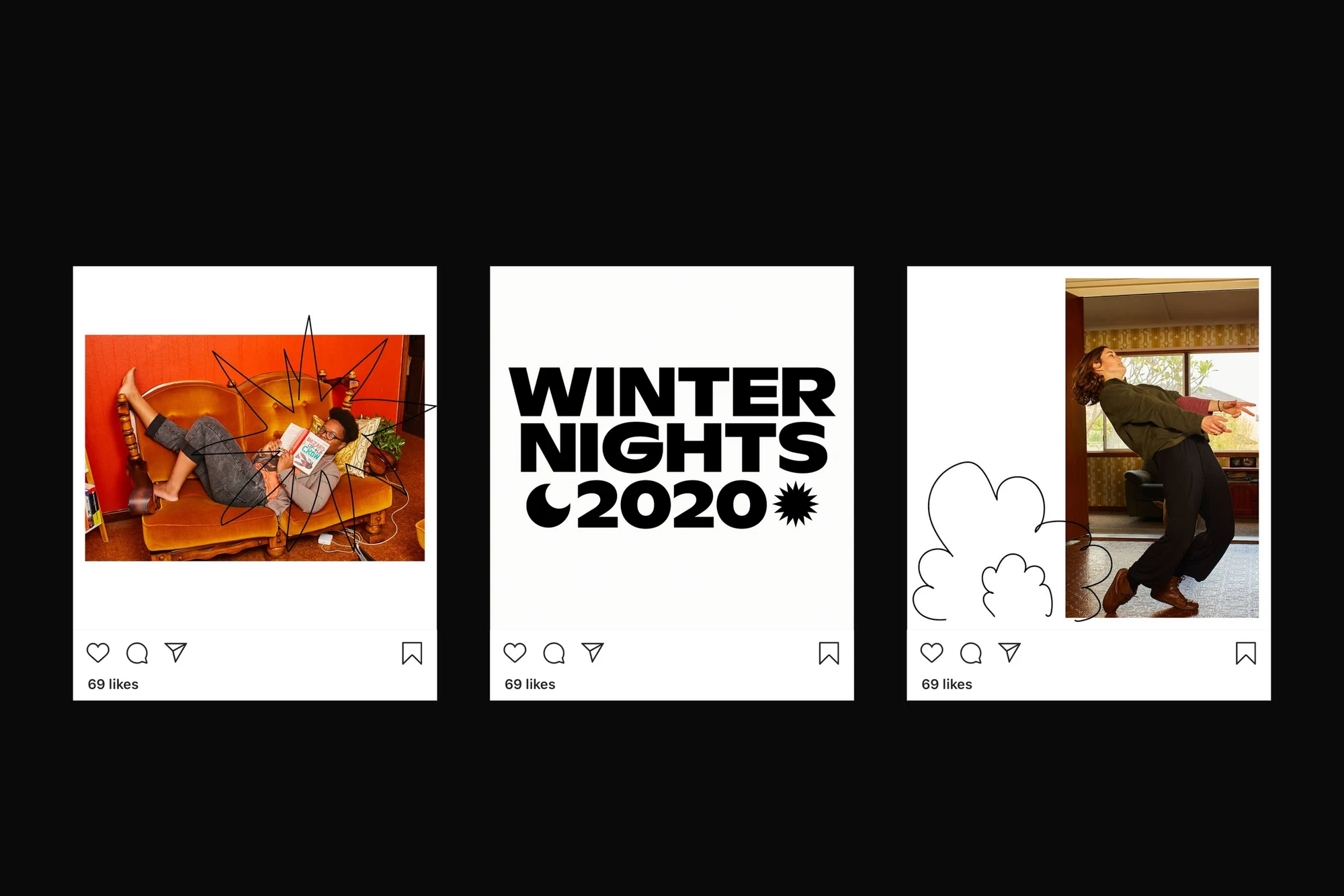 Winter Nights social campaign: an artist reading, the festival identity and a dancer in a domestic interior